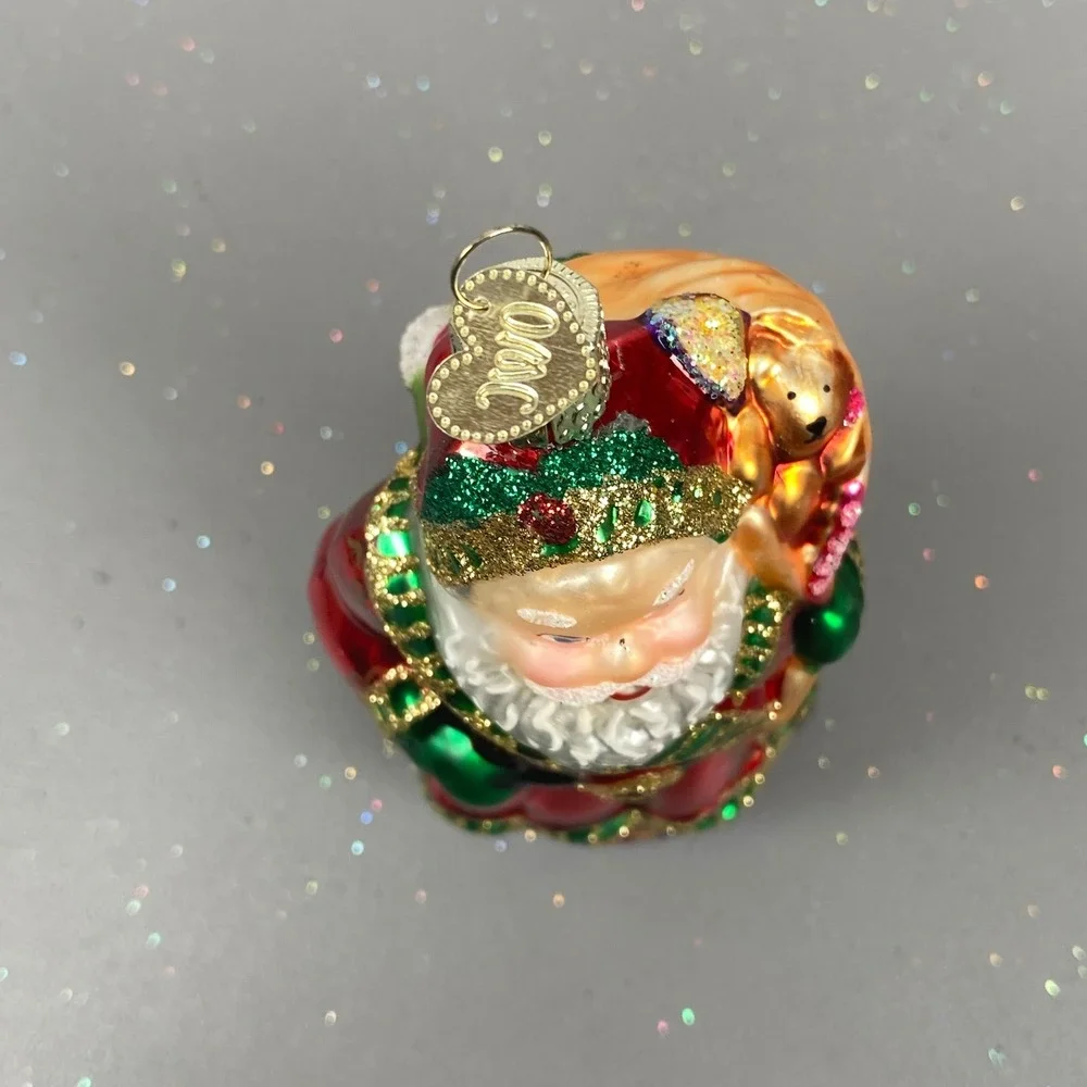 Old World Christmas 2 Santa Claus Glass Holiday Glitter Ornaments Blue & Red